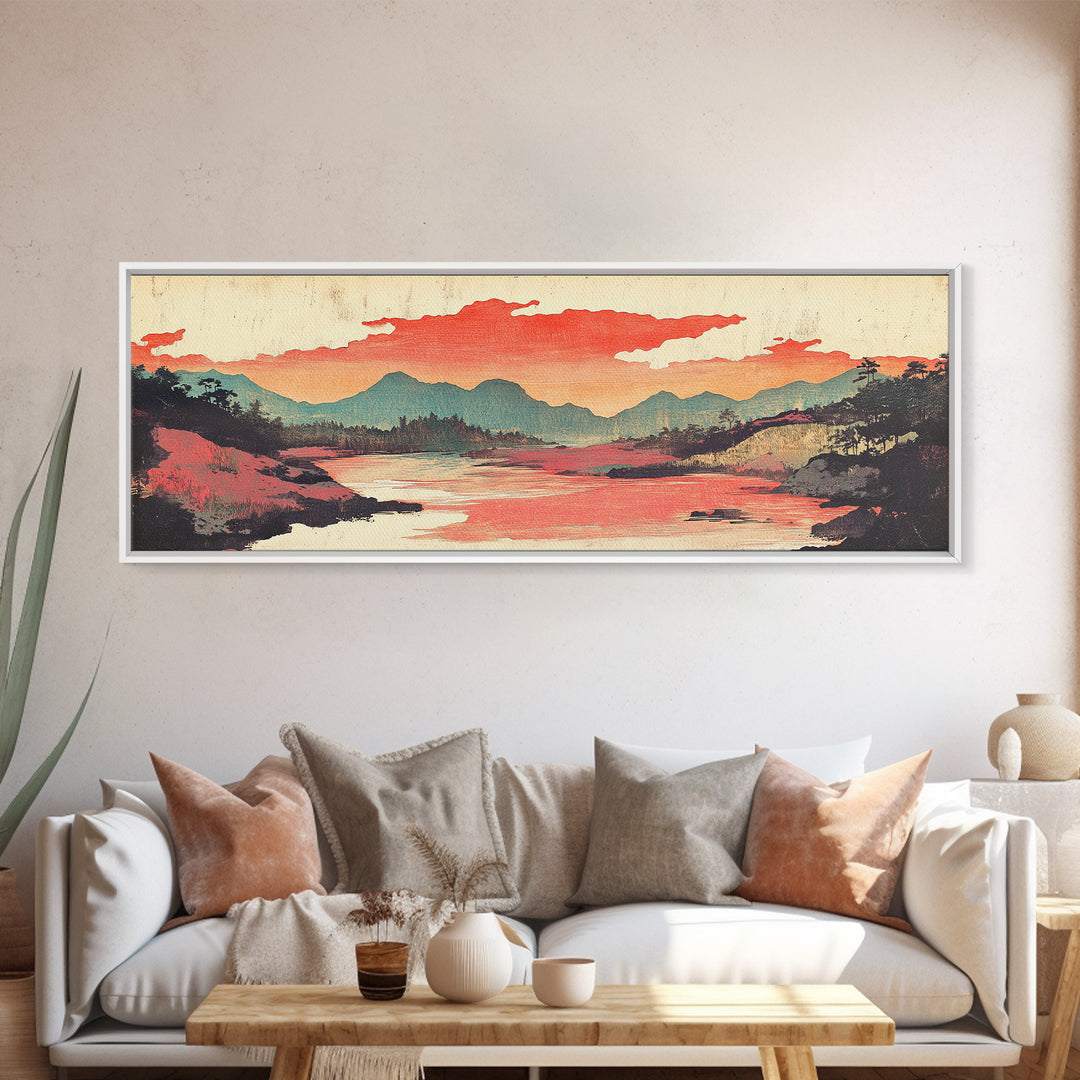 Coral Sky River Valley Wall Art, Japanese Mountain Landscape Print, Long Horizontal Canvas, Modern Living Room Decor, Home Decor
