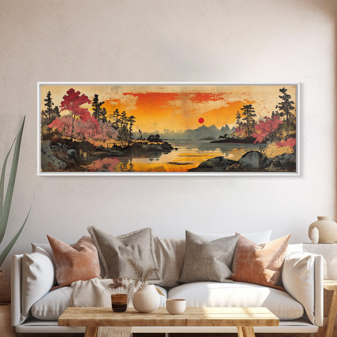 Orange Sunset Lake Wall Art, Cherry Blossom Landscape Canvas Print, Japanese Nature Decor, Panoramic Living Room Art Print