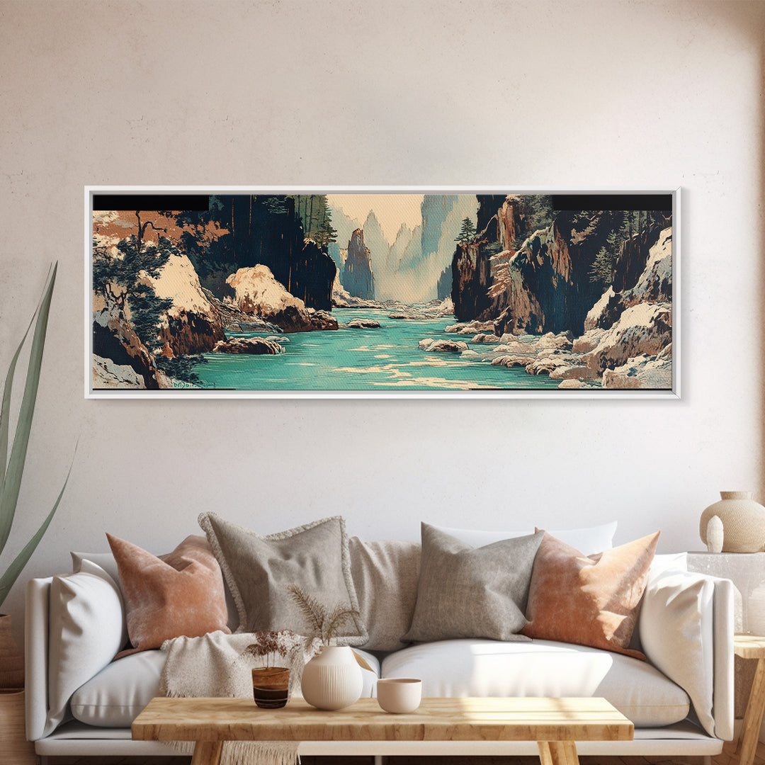Snowy Canyon River Wall Art, Turquoise Mountain Gorge Canvas Print, Japanese Landscape Decor, Large Horizontal Artwork Print