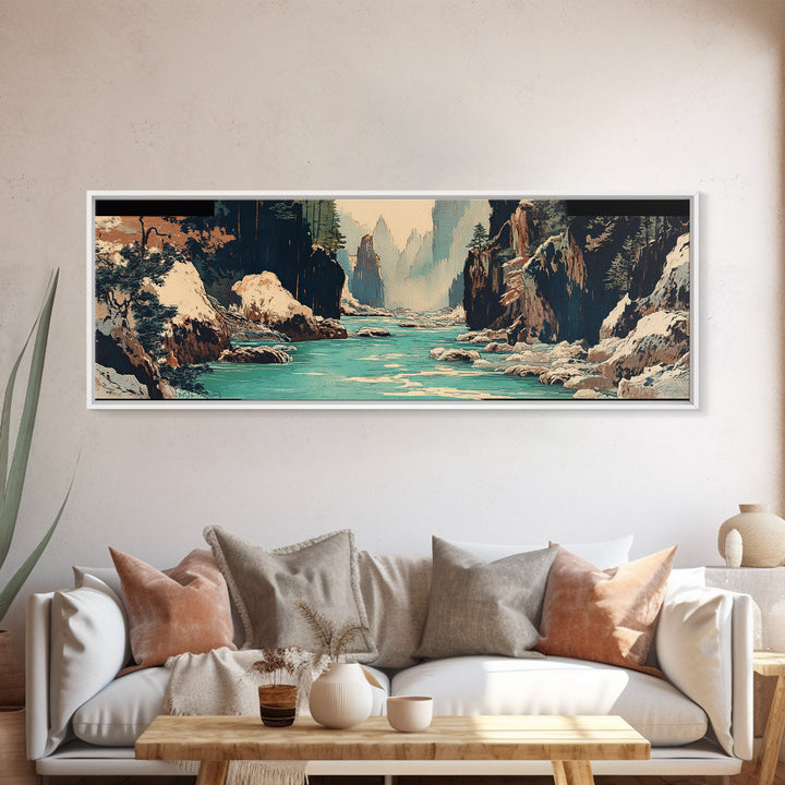 Snowy Canyon River Wall Art, Turquoise Mountain Gorge Canvas Print, Japanese Landscape Decor, Large Horizontal Artwork Print