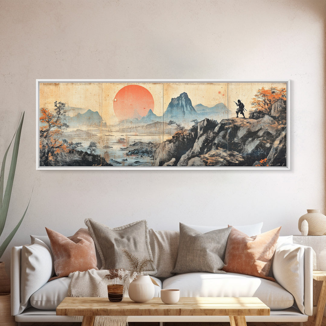 Samurai Mountain Sunset Wall Art, Japanese Landscape Triptych Canvas Print, Asian Wall Decor, Panoramic Living Room Art Print