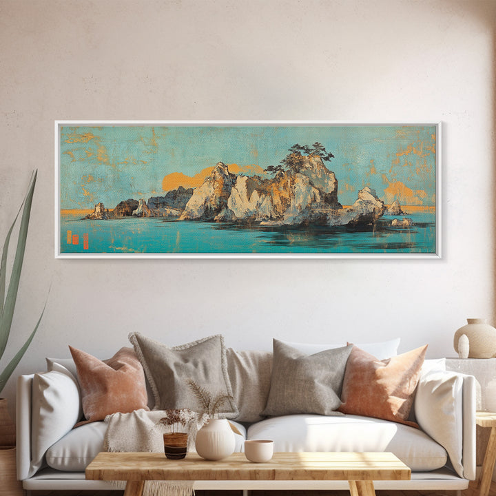 Turquoise Island Seascape With Rocky Pines, Japanese Wall Art, Coastal Landscape Print, Panoramic Canvas, Living Room Decor