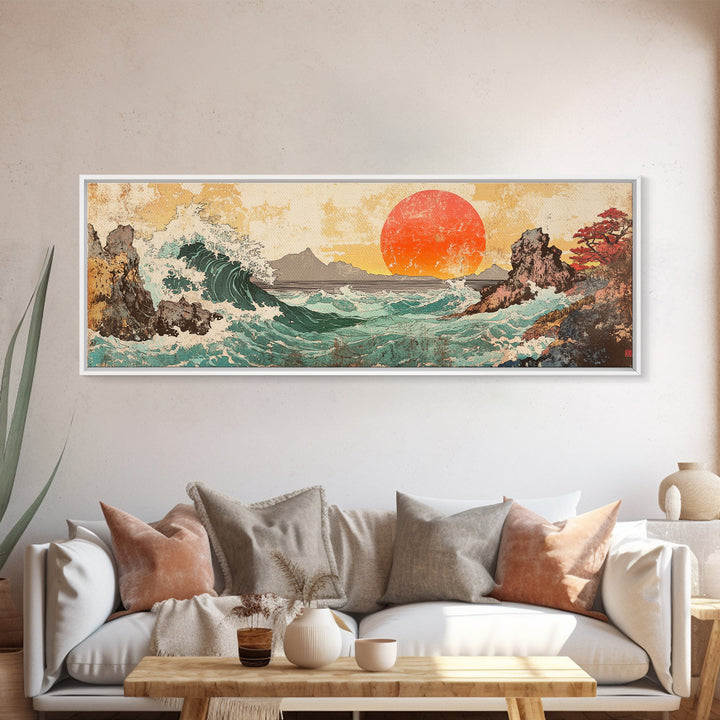 Crashing Wave And Red Sun, Japanese Wall Art, Ocean Seascape Canvas Print, Coastal Wall Decor, Large Living Room Art, Home Decor