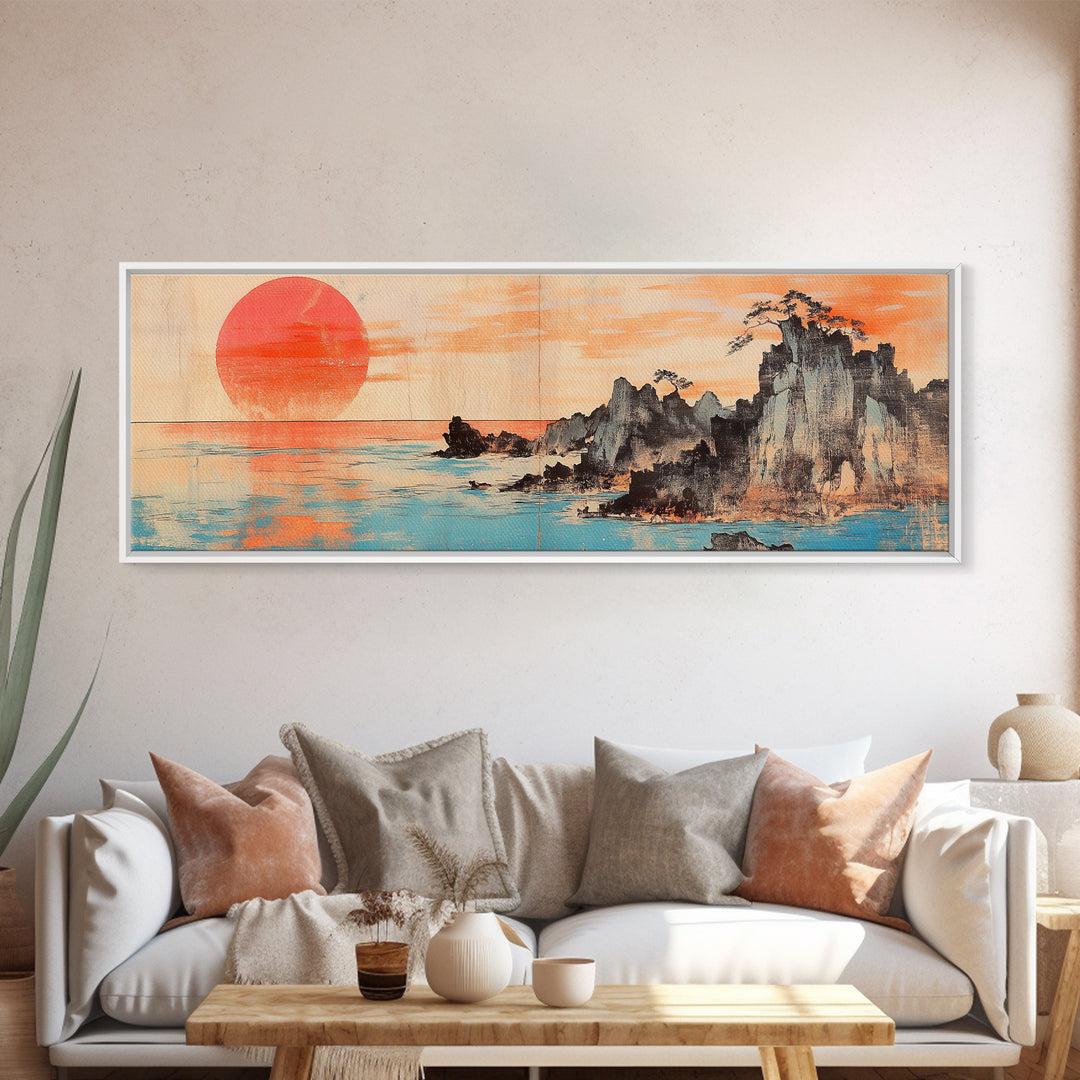 Red Sun Over Ocean Cliffs, Japanese Wall Art, Coastal Seascape Print, Panoramic Canvas, Modern Living Room Decor, Home Decor