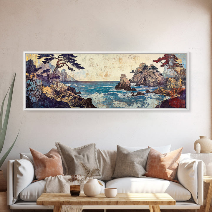 Pine Framed Rocky Cove, Japanese Wall Art, Coastal Seascape Canvas Print, Ocean Wall Decor, Panoramic Living Room Art, Home Decor