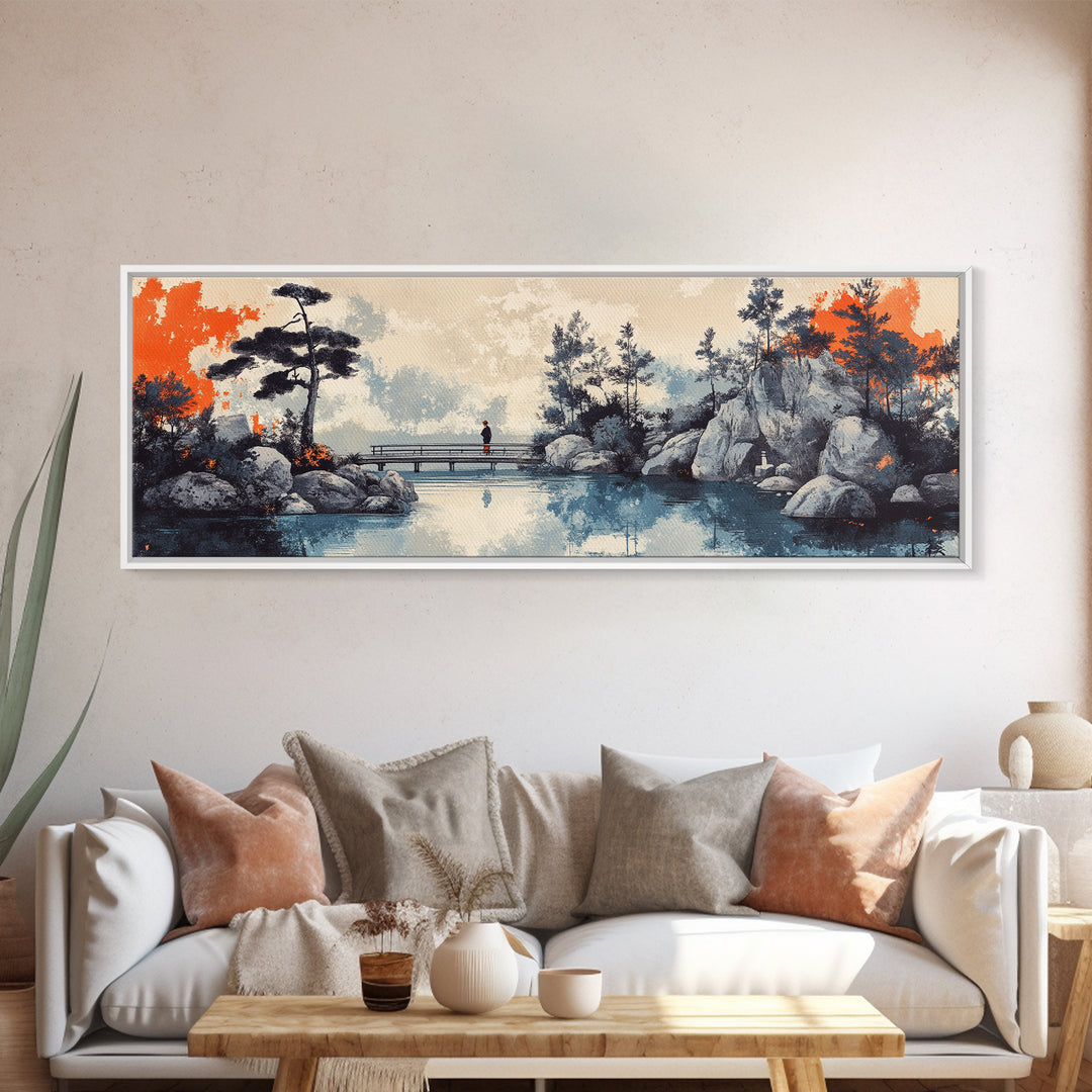 Serene Japanese Garden Bridge, Wall Art, Lake Landscape Canvas Print, Zen Home Decor, Calming Office And Living Room Art