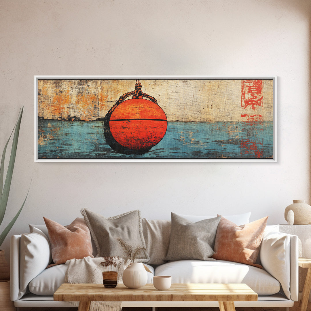 Red Fishing Buoy On Weathered Blue Water, Nautical Wall Art, Coastal Canvas Print, Beach House Decor, Ocean Wall Decor, Gift