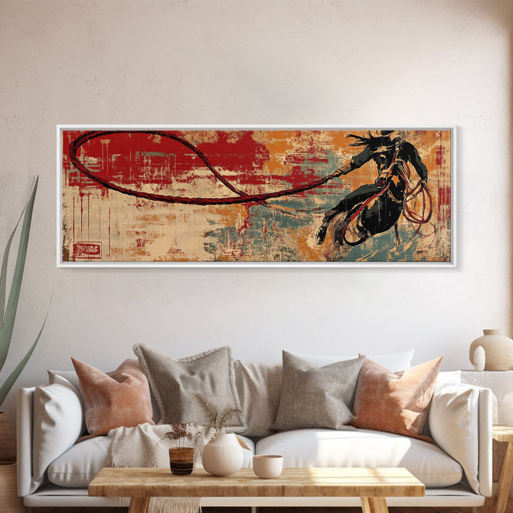Western Lasso Rope On Red Teal Texture, Cowboy Wall Art, Rustic Canvas Print, Man Cave Decor, Western Home Decor Gift For Him