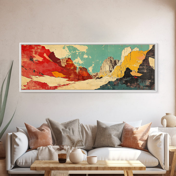 Red Teal Abstract Mountain Landscape Wall Art, Panoramic Canvas Print, Modern Southwestern Decor, Long Horizontal Wall Decor