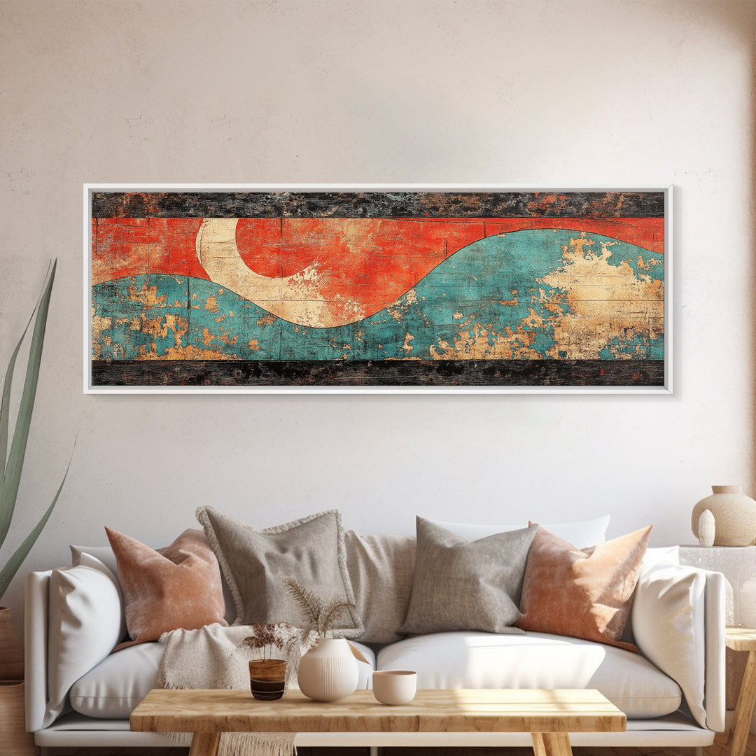 Red Sun And Teal Wave Wall Art, Japanese Coastal Canvas Print, Minimalist Abstract Seascape, Long Horizontal Living Room Wall Decor