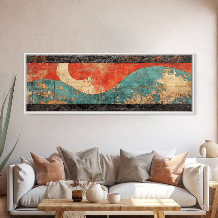 Red Sun And Teal Wave Wall Art, Japanese Coastal Canvas Print, Minimalist Abstract Seascape, Long Horizontal Living Room Wall Decor