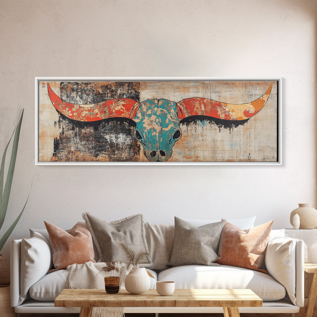 Turquoise Longhorn Skull Wall Art, Western Boho Canvas Print, Southwestern Rustic Decor, Long Horizontal Statement Artwork