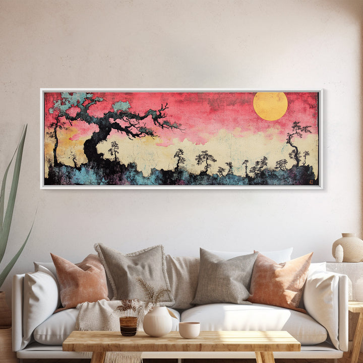 Pink Sunset Moon Tree Landscape Wall Art, Japanese Canvas Print, Dreamy Nature Decor, Long Horizontal Bedroom Wall Decor