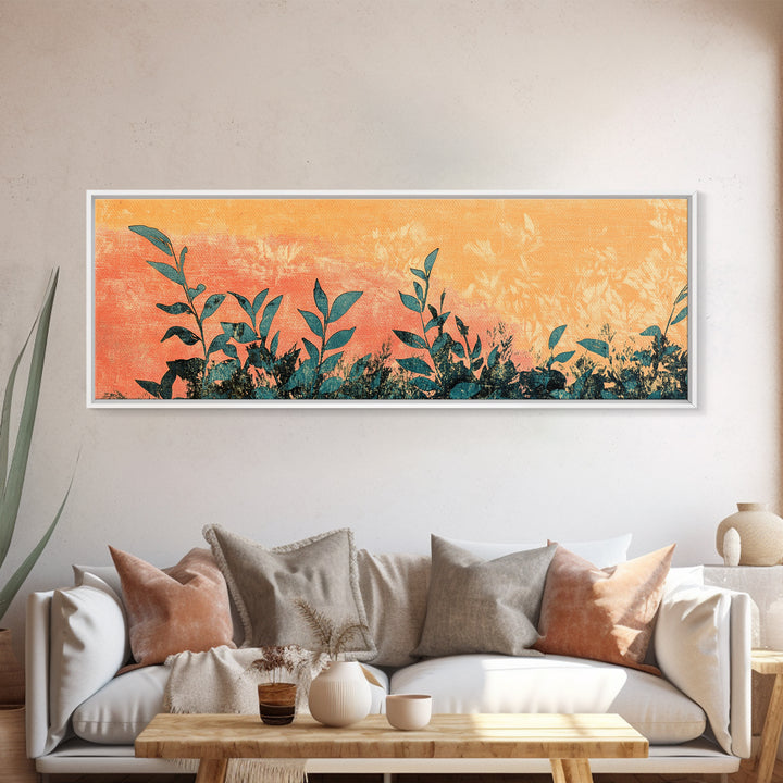 Orange Botanical Silhouette Wall Art, Nature Canvas Print, Boho Botanical Decor, Long Horizontal Living Room Wall Art Decor