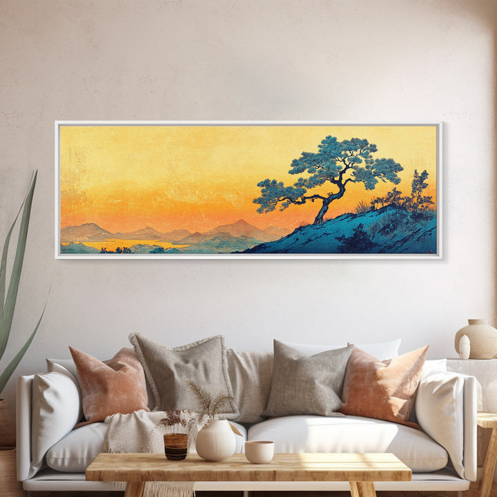 Blue Pine Tree Mountain Landscape Wall Art, Japanese Canvas Print, Serene Nature Decor, Long Horizontal Lake House Wall Decor