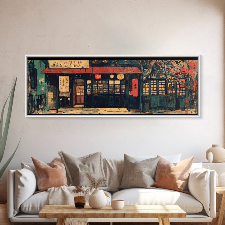 Cozy Japanese Storefront Night Wall Art, Cherry Blossom Cafe Canvas, Asian Home Decor, Japandi Gallery Living Room Print