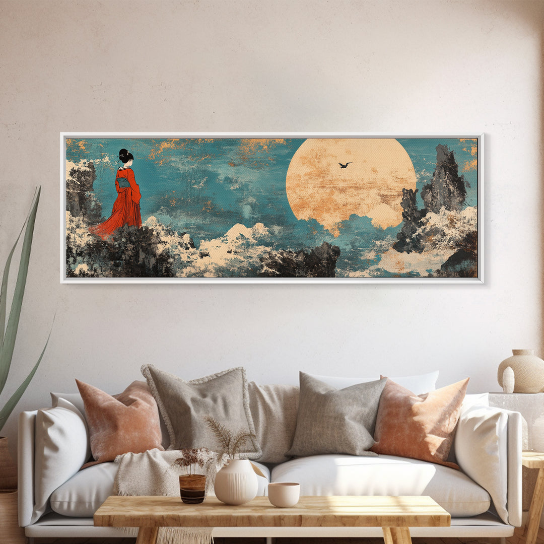 Red Kimono Woman Moon Wall Art, Japanese Landscape Canvas Print, Asian Inspired Decor, Dreamy Japandi Bedroom Art Gift For Her