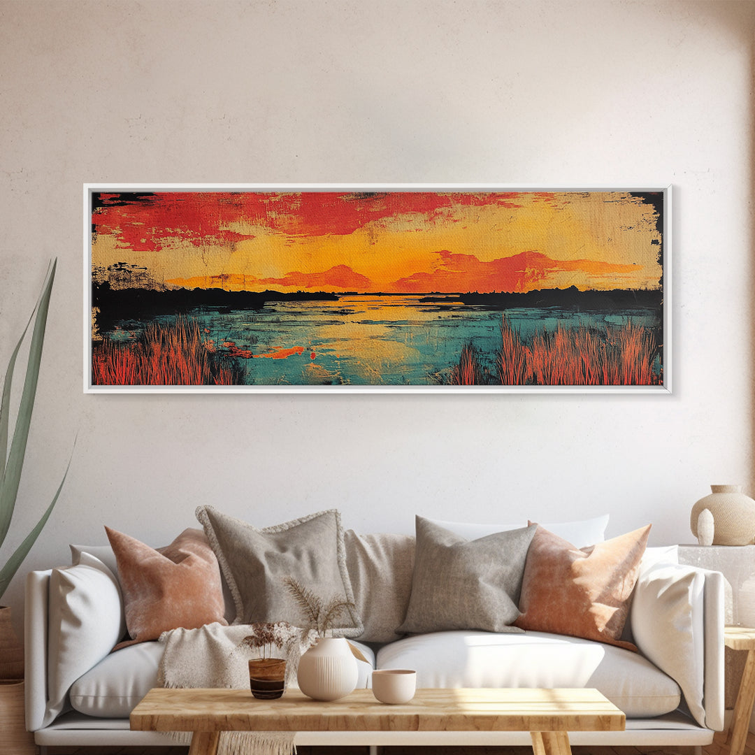 Vibrant Sunset Lake Landscape Wall Art, Marsh Water Canvas Print, Rustic Nature Decor, Large Horizontal Living Room Art Print