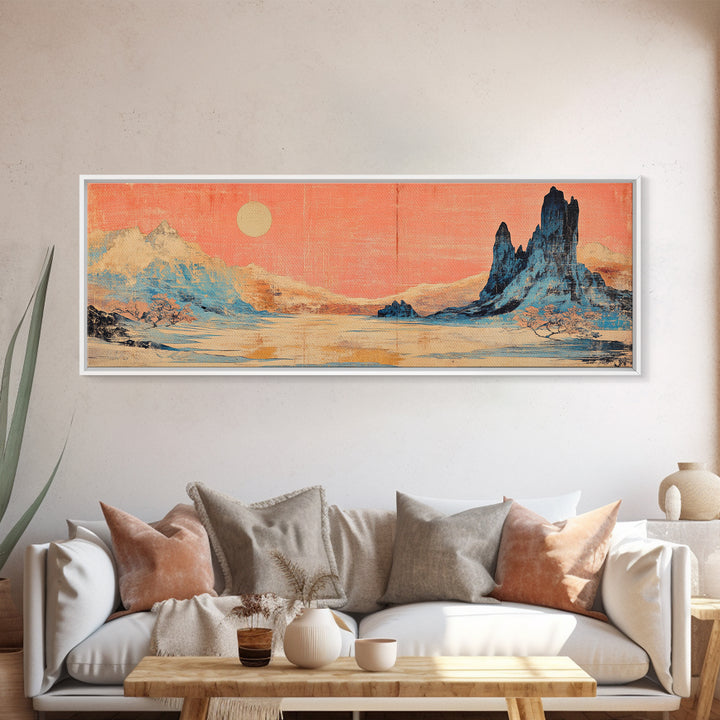 Pastel Desert Mountain Landscape Wall Art, Southwestern Canvas Print, Pink Sky Neutral Decor, Long Horizontal Above Bed Art