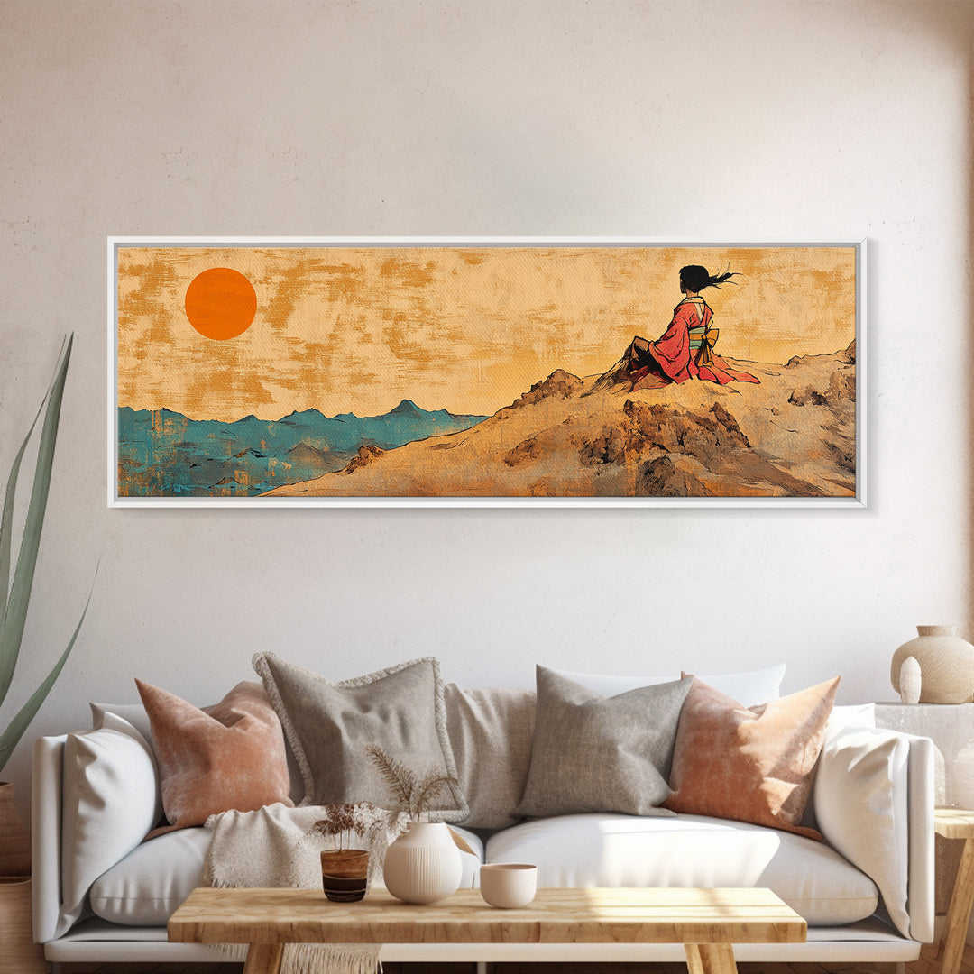 Sunset Woman Cliff Canvas Print, Asian Landscape Wall Art, Warm Desert Mountains, Boho Living Room Decor Housewarming Gift