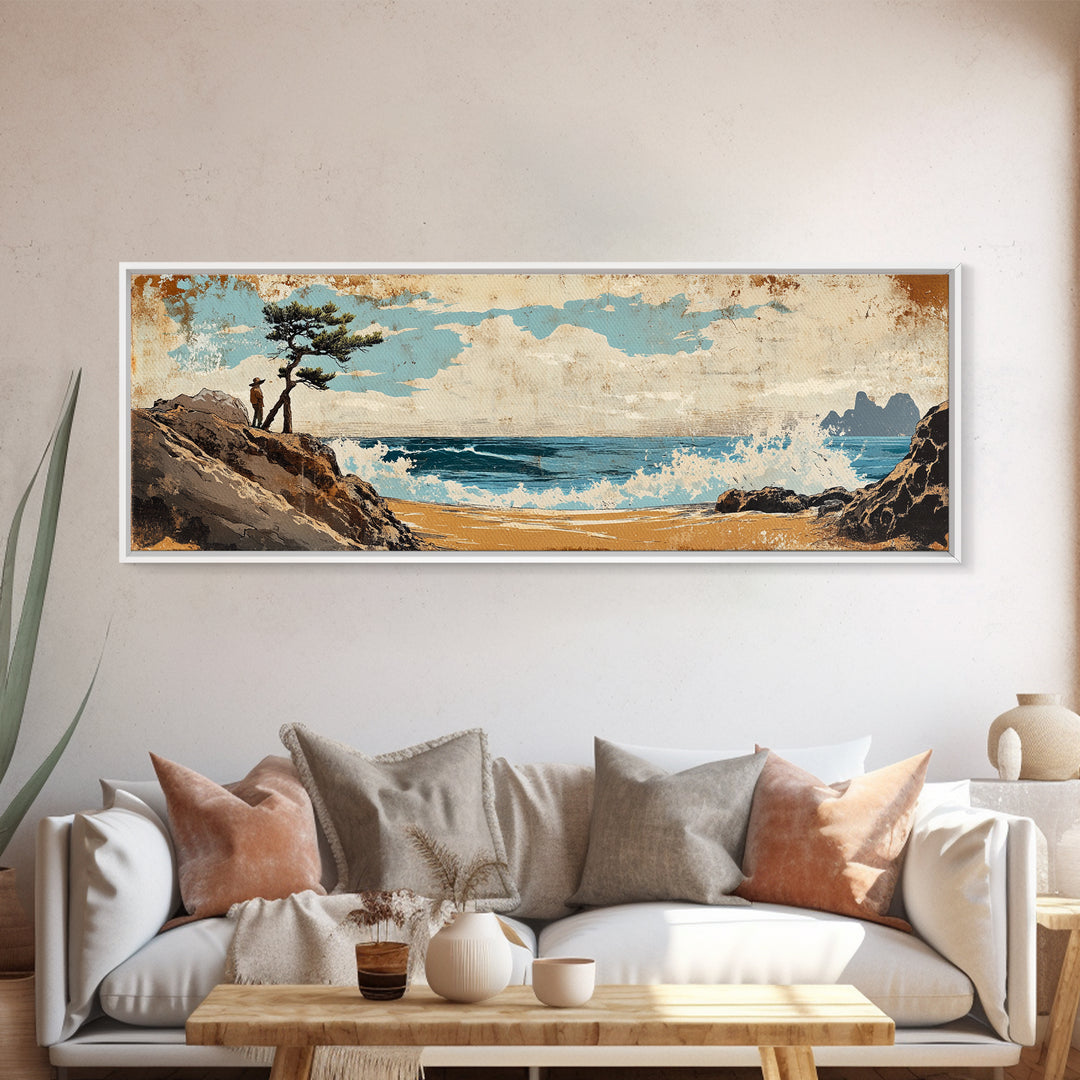 Coastal Lone Pine Beach Canvas Print, Ocean Wave Landscape Wall Art, Rustic Nautical Decor, Large Horizontal Art For Beach House Decor