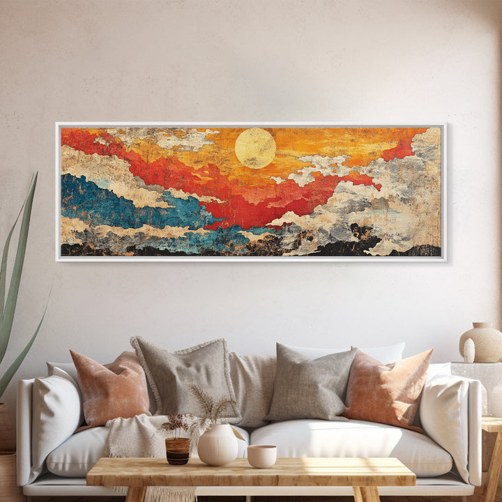 Abstract Red Gold Sunset Canvas Print, Textured Cloudscape Wall Art, Boho Modern Decor, Panoramic Living Room Art, Above Sofa Decor