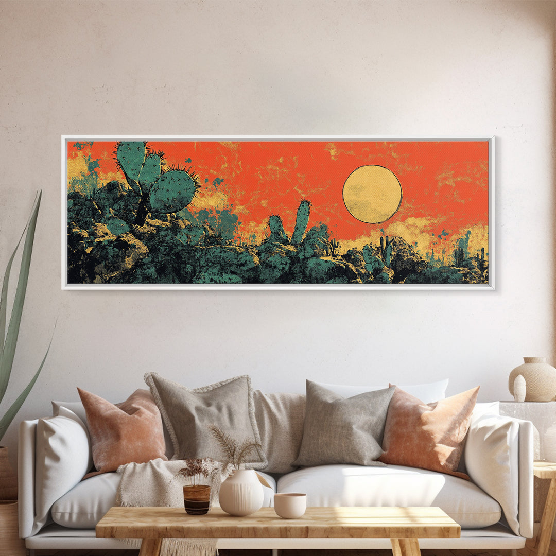 Desert Cactus Sunset Wall Art, Southwestern Landscape Canvas Print, Boho Western Decor, Warm Terracotta Home Decor Gift For Him