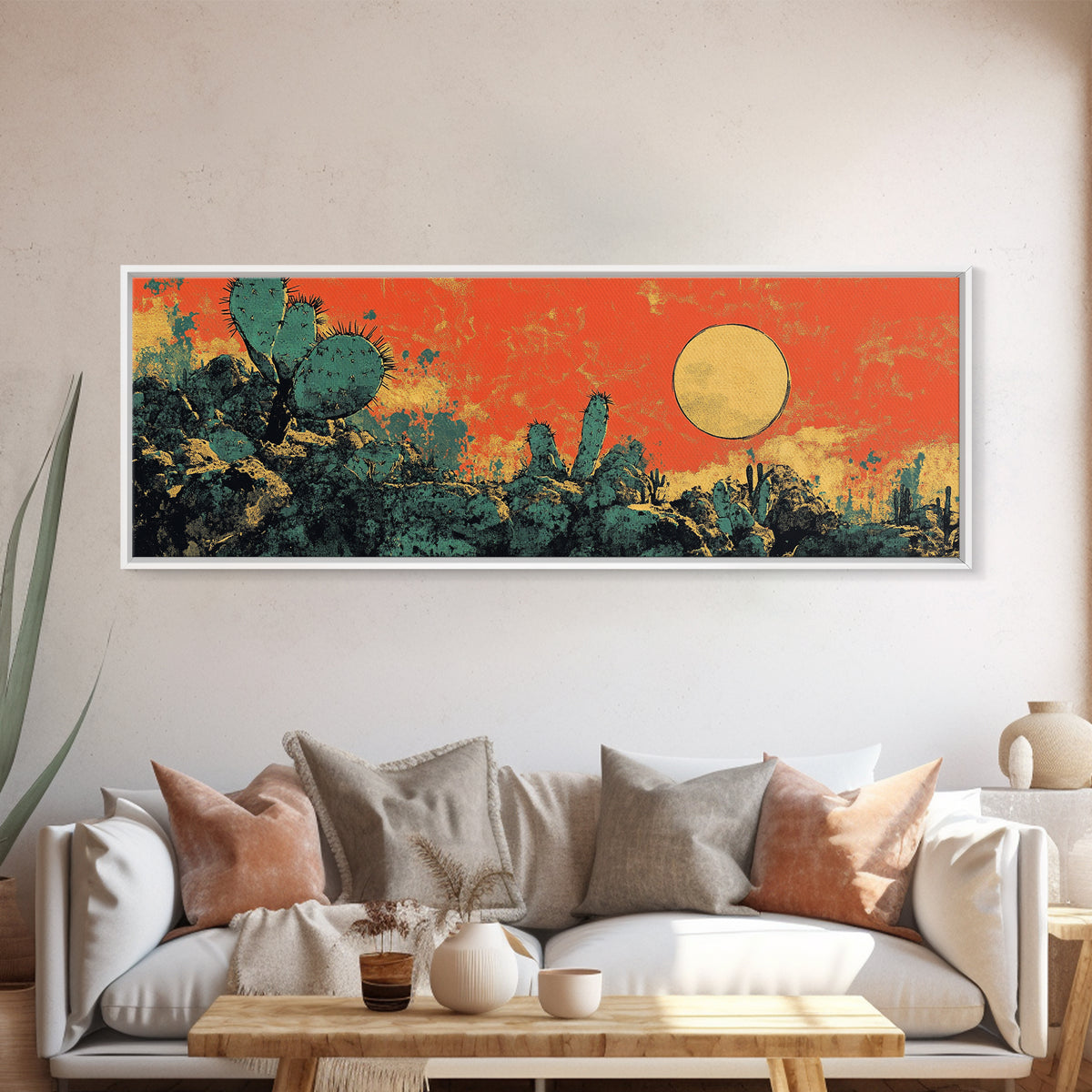 Desert Cactus Sunset Wall Art, Southwestern Landscape Canvas Print, Boho Western Decor, Warm Terracotta Home Decor Gift For Him
