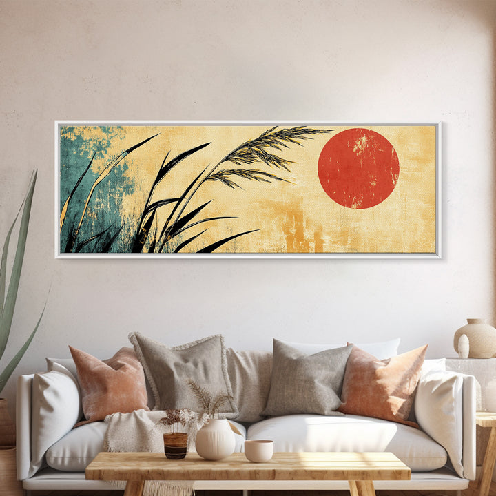 Minimal Reeds And Red Sun Canvas Print, Japanese Wall Art, Zen Home Decor, Japandi Coastal Poster For Calm Living Room Decor