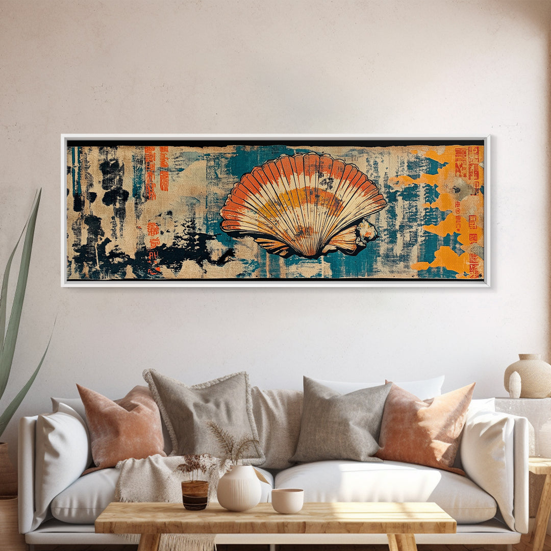 Orange Seashell On Blue Textured Canvas Print, Japanese Coastal Wall Art, Nautical Bathroom Decor, Ocean Gallery Wall Art