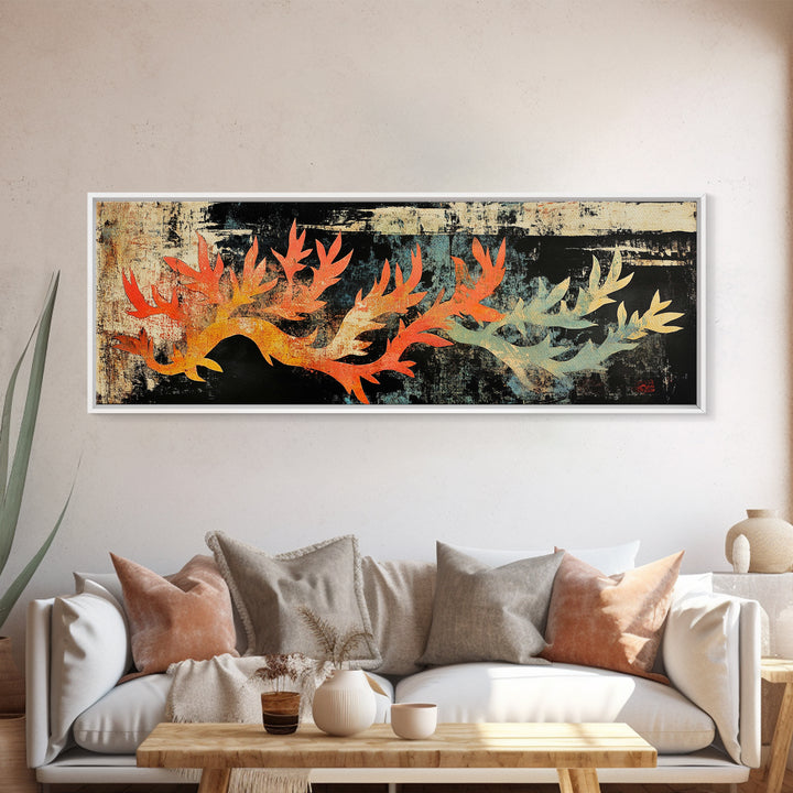 Fiery Coral Branch On Dark Canvas Print, Japanese Ocean Wall Art, Coastal Wall Decor, Nautical Sea Life Statement Art Print