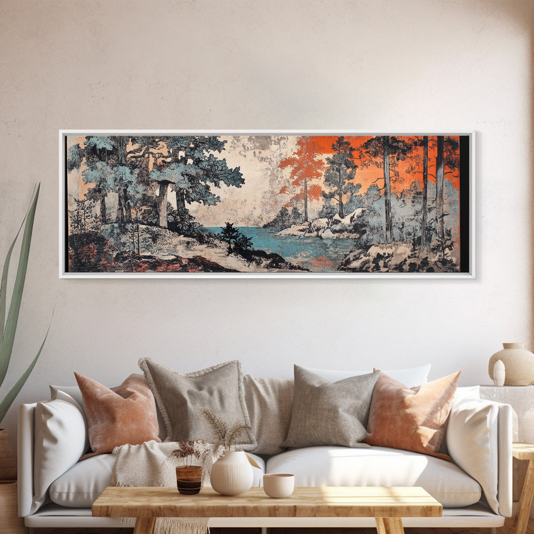 Snowy Pine Forest And Blue Lake Canvas Print, Japanese Landscape Wall Art, Nature Wall Decor, Japandi Winter Home Decor Gift