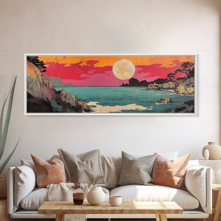 Pink Sunset Over Turquoise Cove Canvas Print, Japanese Coastal Wall Art, Ocean Seascape Decor, Beach House Wall Art Print