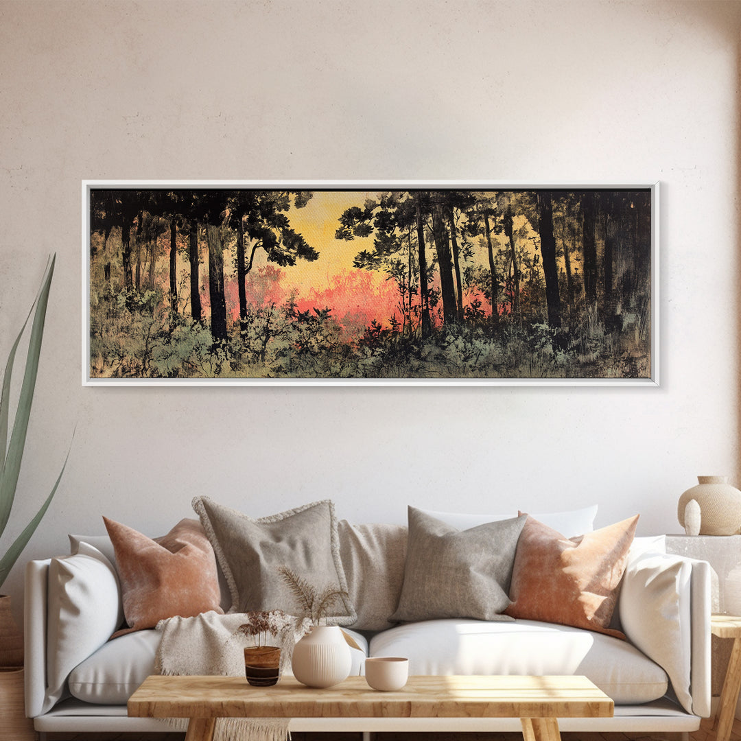 Dark Pine Forest At Pink Sunset Canvas Print, Moody Landscape Wall Art, Nature Wall Decor, Rustic Cabin Decor For Home Gift