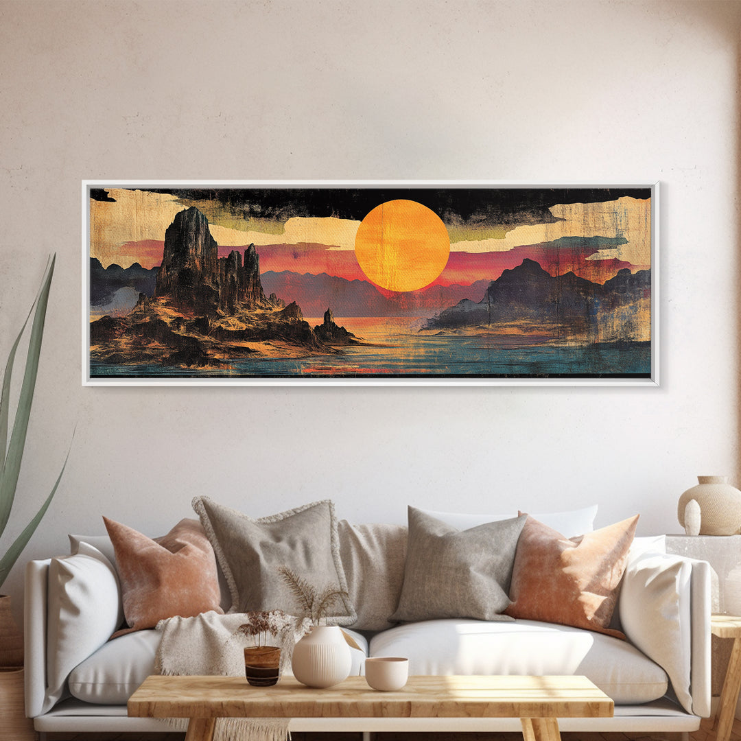 Orange Sun Over Desert Canyon Canvas Print, Southwestern Wall Art, Western Landscape Decor, Large Panoramic Wall Art For Home