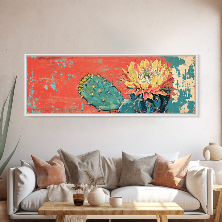 Blooming Desert Cactus On Coral Turquoise Texture Wall Art, Southwestern Canvas Print, Boho Desert Decor, Large Horizontal Art