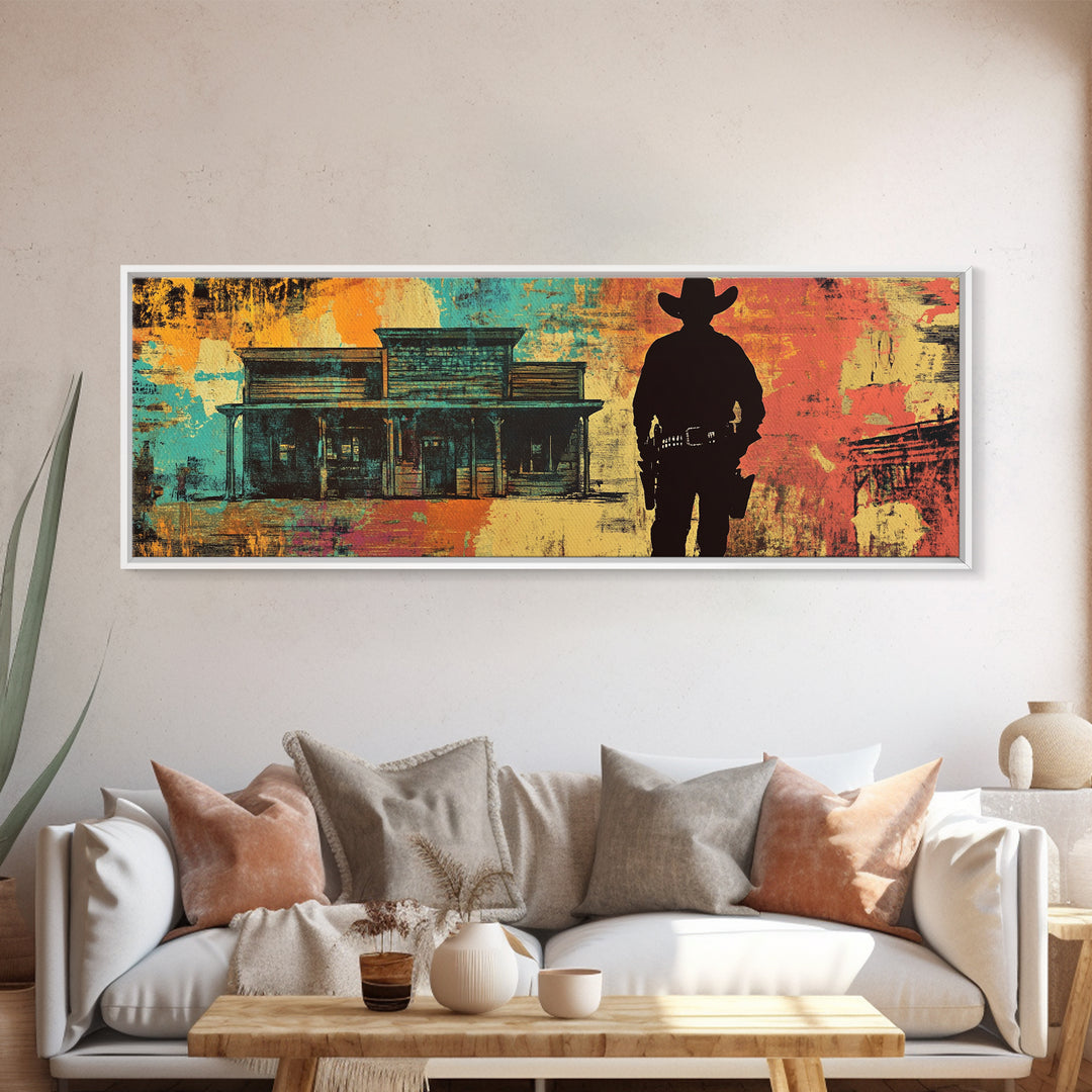 Cowboy Silhouette Beside Old Saloon Wall Art, Western Framed Canvas Print, Rustic Man Cave Decor, Southwest Statement Art