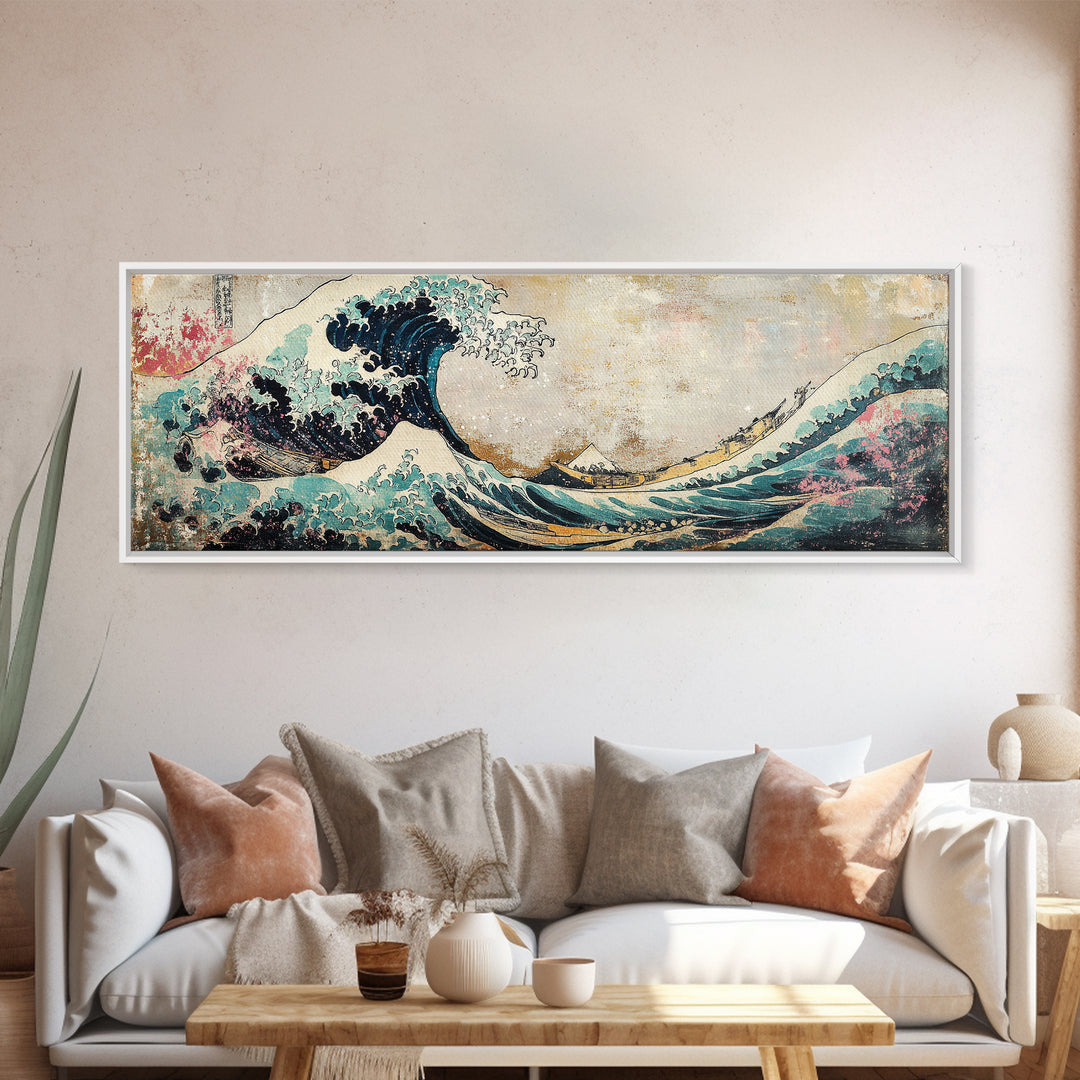 Japanese Great Wave With Soft Pastel Mountains Wall Art, Ukiyo E Framed Canvas Print, Coastal Japandi Decor, Ocean Art Print
