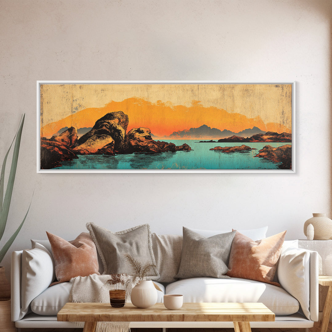 Orange Sunset Mountain Lake With Rocks Wall Art, Southwestern Canvas Print, Rustic Landscape Decor, Large Horizontal Art