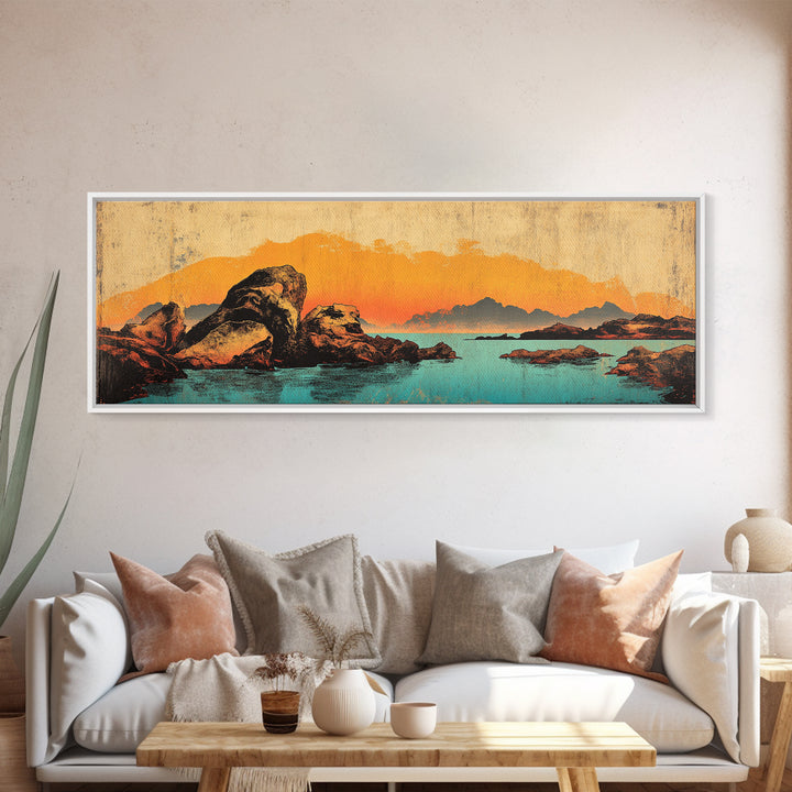 Orange Sunset Mountain Lake With Rocks Wall Art, Southwestern Canvas Print, Rustic Landscape Decor, Large Horizontal Art