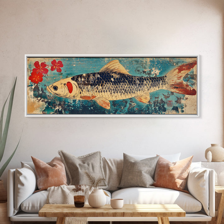 Koi Fish With Red Blossoms On Blue Texture Wall Art, Japanese Framed Canvas Print, Asian Decor, Nature Inspired Art Print