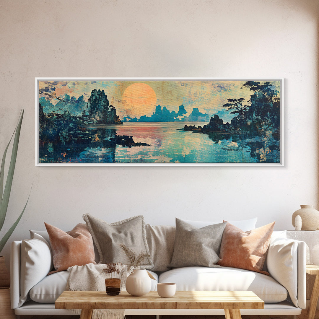 Serene Lake Sunset Framed Canvas Print, Japanese Landscape Wall Art, Coastal Home Decor, Living Room Art, Housewarming Gift