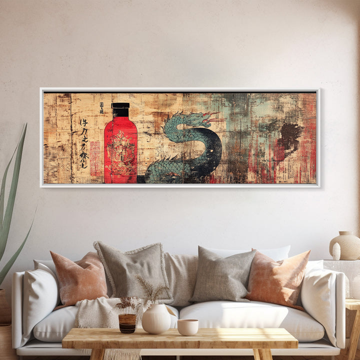 Red Sake Bottle And Dragon Wall Art, Asian Inspired Canvas Print, Japanese Decor, Kitchen Wall Decor, Gift For Him, Home Decor