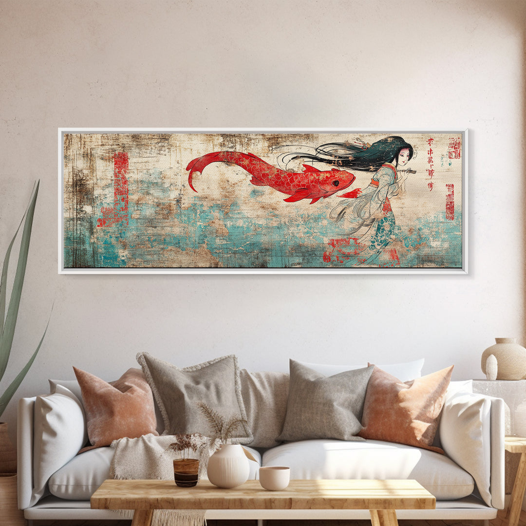Red Koi Mermaid Wall Art, Asian Fantasy Canvas Print, Japanese Wall Decor, Whimsical Art, Bedroom Decor, Gift For Her, Home Decor