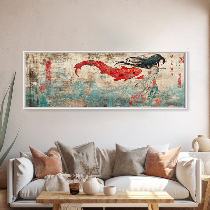 Red Koi Mermaid Wall Art, Asian Fantasy Canvas Print, Japanese Wall Decor, Whimsical Art, Bedroom Decor, Gift For Her, Home Decor