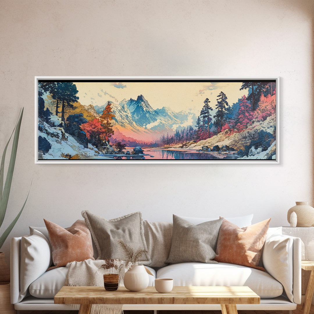 Snowy Mountain River Framed Canvas Print, Japanese Landscape Wall Art, Nature Wall Decor, Cabin Decor, Housewarming Gift