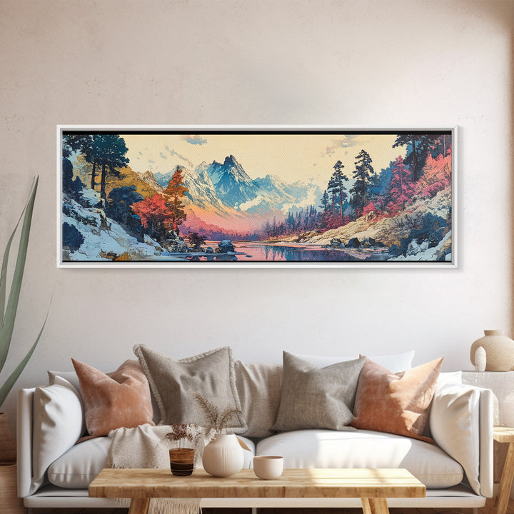Snowy Mountain River Framed Canvas Print, Japanese Landscape Wall Art, Nature Wall Decor, Cabin Decor, Housewarming Gift