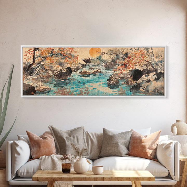 Autumn River Rocks Wall Art, Japanese Landscape Canvas Print, Nature Wall Decor, Rustic Home Decor, Calming Living Room Art