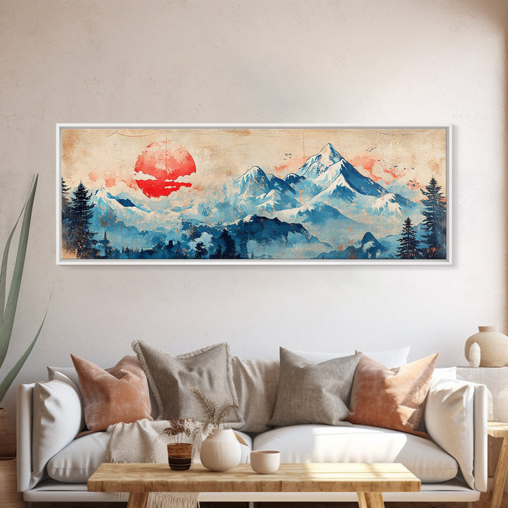 Blue Snowy Mountains And Red Sun Wall Art, Japanese Landscape Canvas Print, Minimalist Decor, Above Bed Art, Home Decor Print