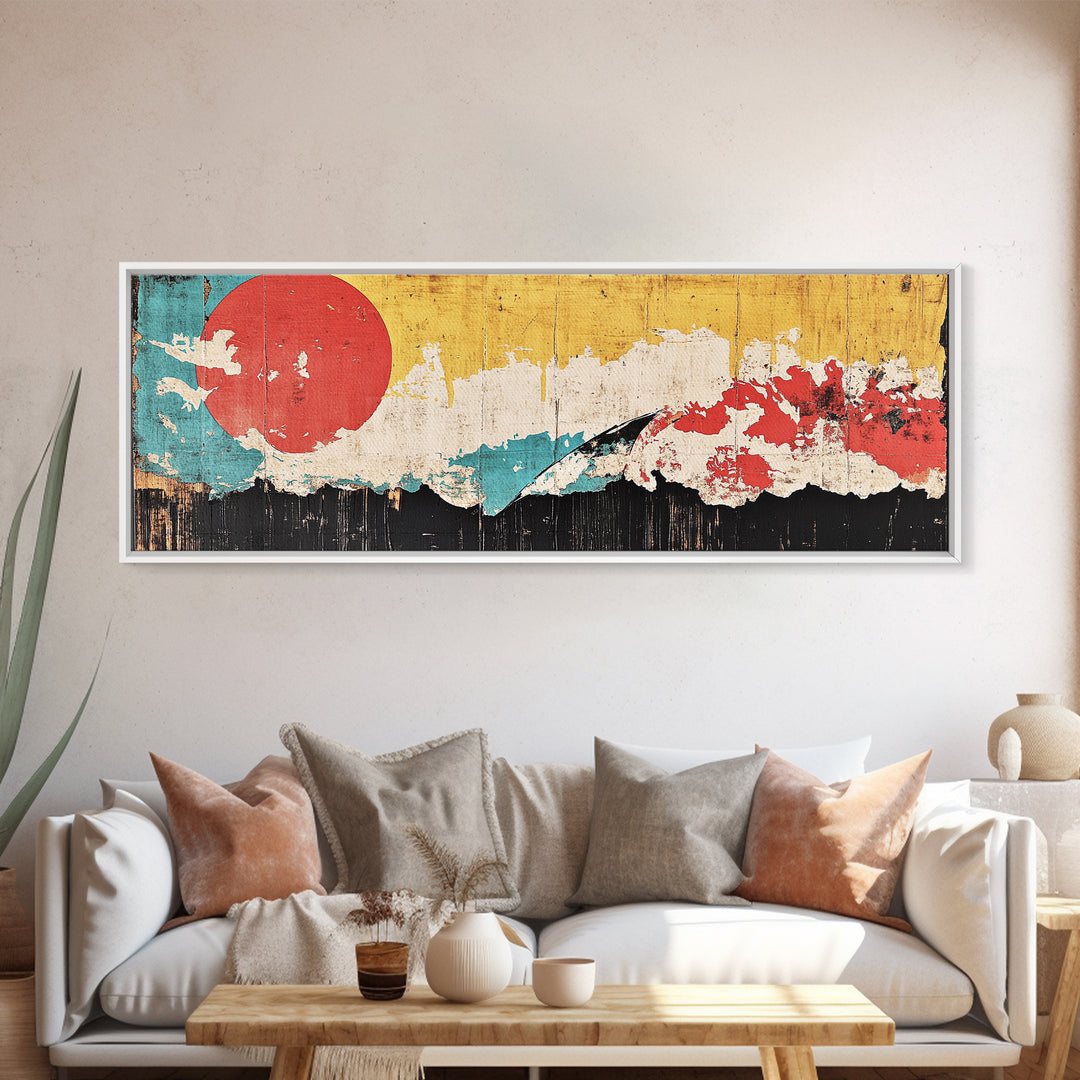 Abstract Red Sun Mountain Wall Art, Japanese Minimalist Canvas Print, Modern Wall Decor, Mid Century Decor, Large Wall Art